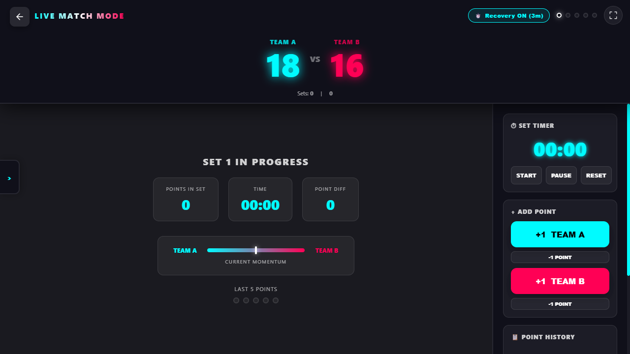 Live match scoring, set counters and tournament management interface in Volley Hub Pro