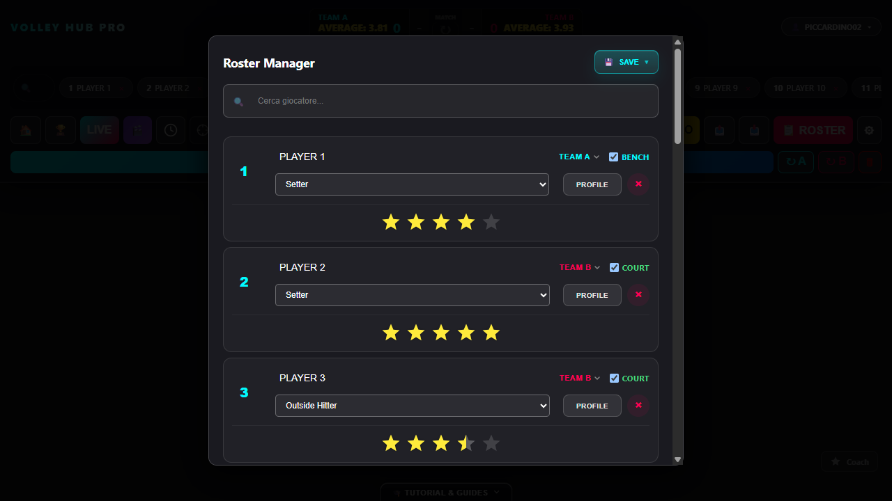 Volley Hub Pro roster management interface displaying player skill calibration and position assignment