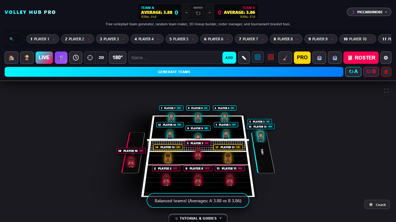 Volley Hub Pro's team generator with player tokens on the court